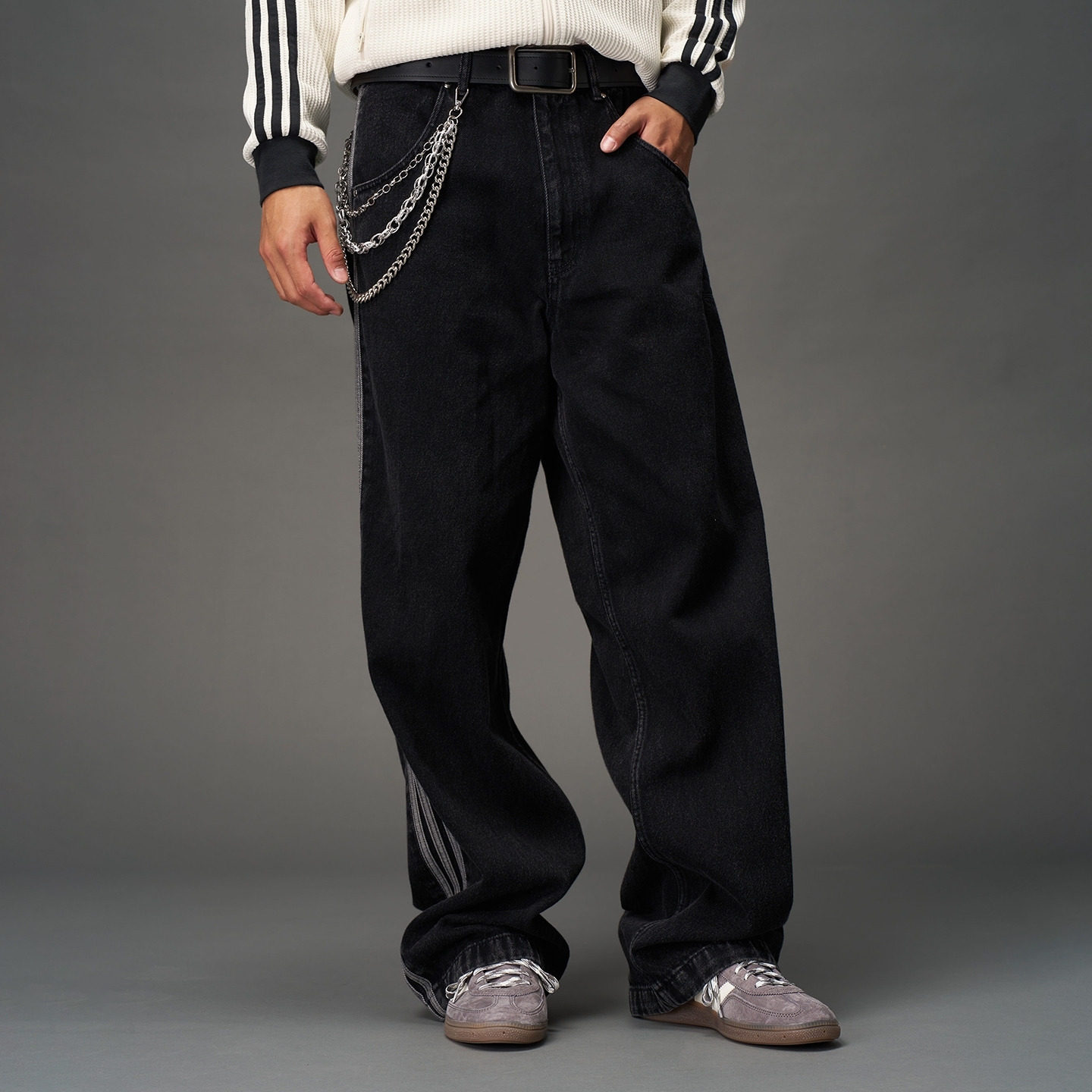 阿迪达斯三叶草男复古条纹牛仔裤