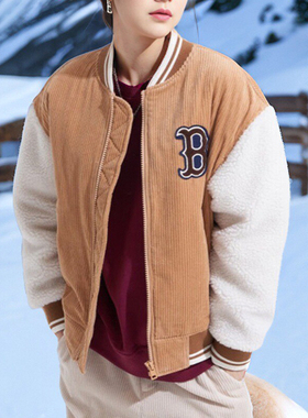 MLB秋冬男女同款情侣外套灯芯绒羊绒毛拼接夹克棒球服3AJPB0324