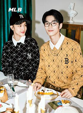 MLB卫衣男女同款秋季NY钻石老花圆领满标情侣上衣套头衫3AMTM0134