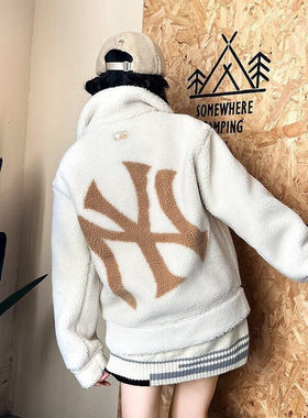 MLB羊羔绒外套秋冬男女款NY大标运动休闲保暖情侣夹克3AFDB0326