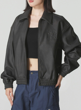 MLB情侣外套25新款男女NY仿皮夹克上衣翻领休闲运动夹克3AJPB0654