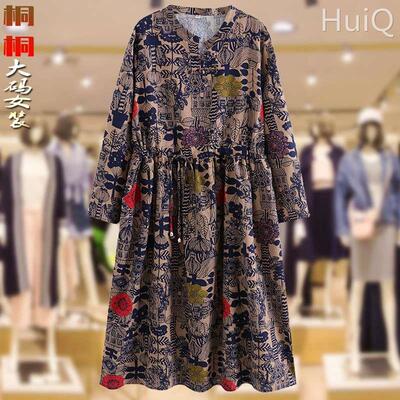胖妈妈春季中老年大码女装棉麻印花长袖连衣裙中长款加肥大200斤
