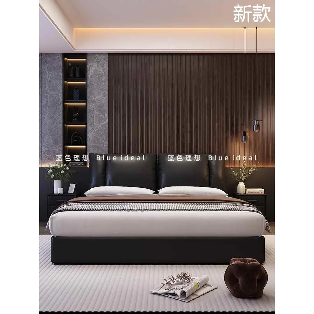 蓝色理想帆船真皮床意式极简双人主卧床高端大气1.8米储物软新款