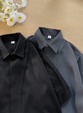 痞帅设计感短袖衬衫男夏季美式复古宽松纯色衬衣潮流小众半袖上衣