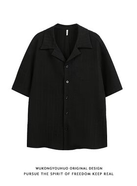 新款古巴领提花衬衫男 夏季韩版潮流纯色短袖上衣轻熟风痞帅衬衣