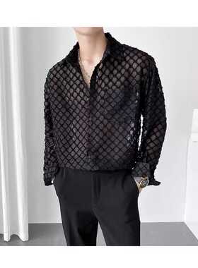 夏季痞帅衬衫男镂空半透明长袖韩版小众ins轻熟风防晒垂感衬衣潮