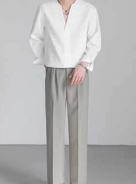 高级感痞帅小V领衬衫男 春秋季韩版小众上衣潮流宽松纯色长袖衬衣