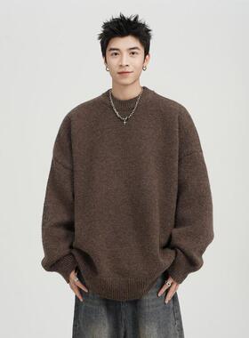 美式复古咖色圆领毛衣男秋冬纯色百搭长袖内搭休闲慵懒套头针织衫