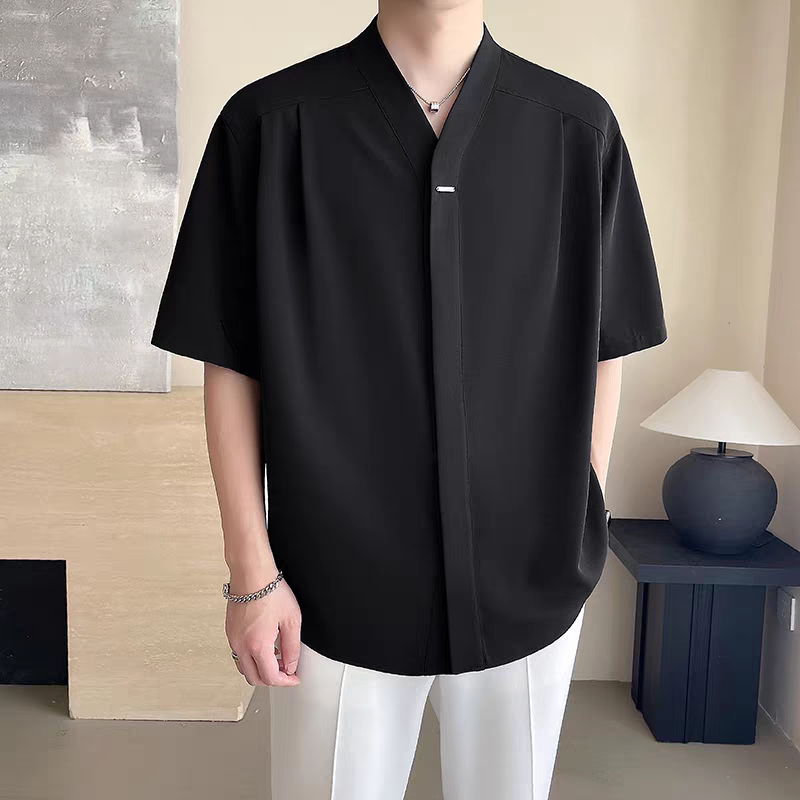 2025新款短袖衬衫男休闲暗褶上衣