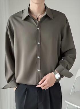 2025新款高级垂坠衬衫男春秋季休闲黑色上衣小众设计感痞帅衬衣潮