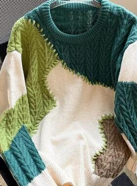 日系复古不规则撞色慵懒风软糯男女潮牌宽松休闲情侣针织衫毛衣潮
