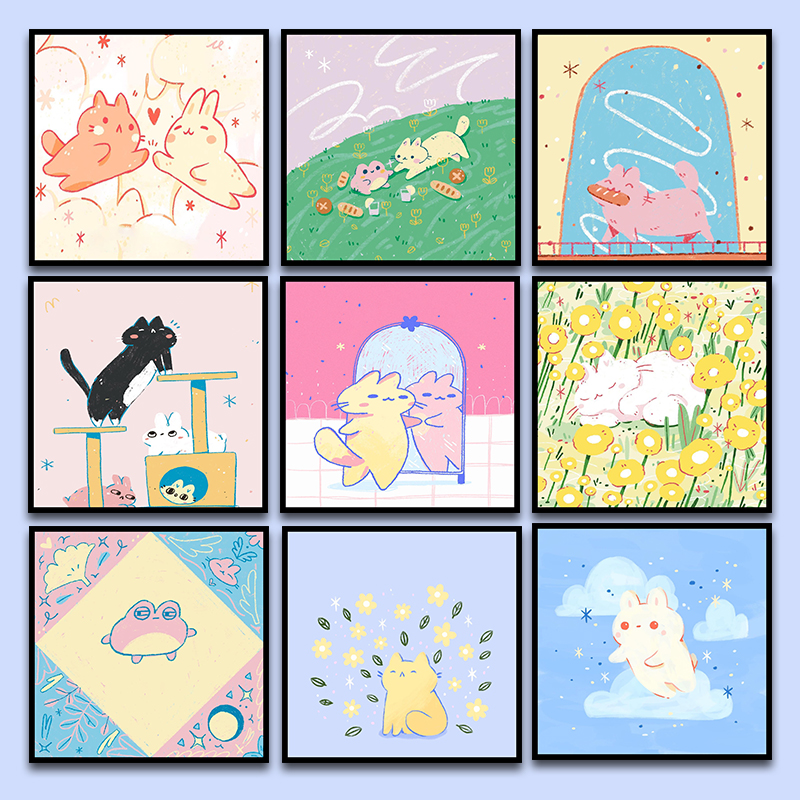 数字油画diy可爱动物简笔画ins风插画治愈手工填色休闲走廊装饰画