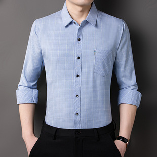 长袖衬衫男款爸爸装春秋季新款商务休闲格子衬衣男士棉麻上衣男装