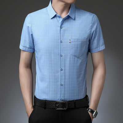 时尚休闲男士翻领格子免烫潮衬衣