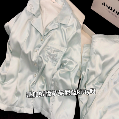秋冬季加绒睡衣女kitty丝绸缎面