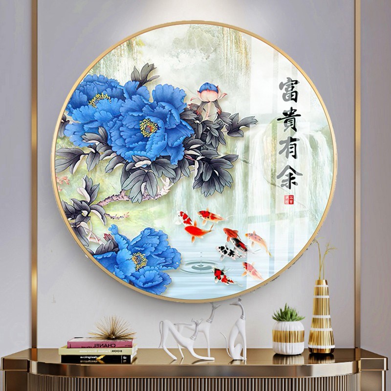 热销新中式客厅装饰画牡丹花餐厅玄关挂画轻奢现代沙发墙画圆形壁图片