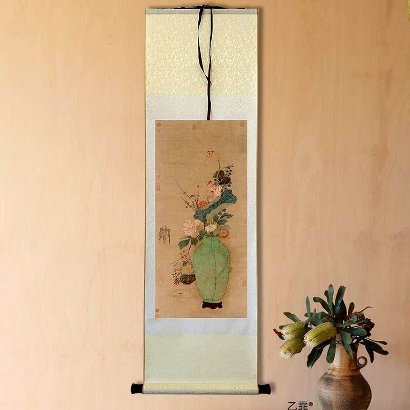 热销桔子格调花瓶图 岁朝图 国潮茶室法式中式挂画挂轴卷轴书房装