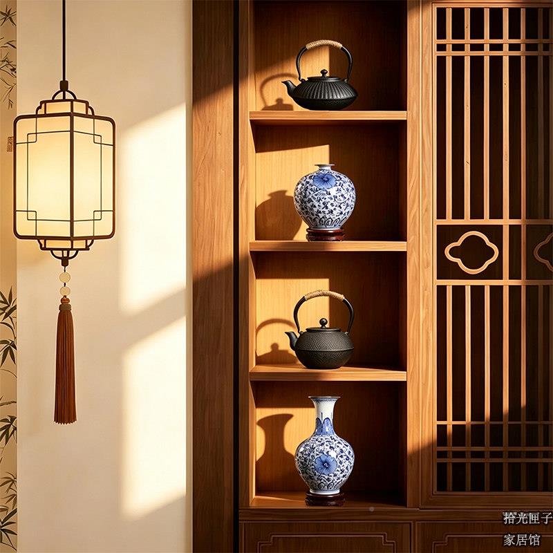新404中房式家居客厅书茶室博古架装饰摆件套陶瓷青花花瓶子盘铁