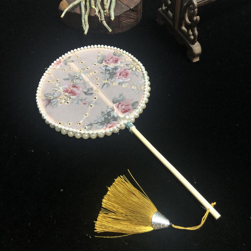 古风扇青春小花珍景区儿童珠团扇汉服双拍照道具古扇印花刺绣diy