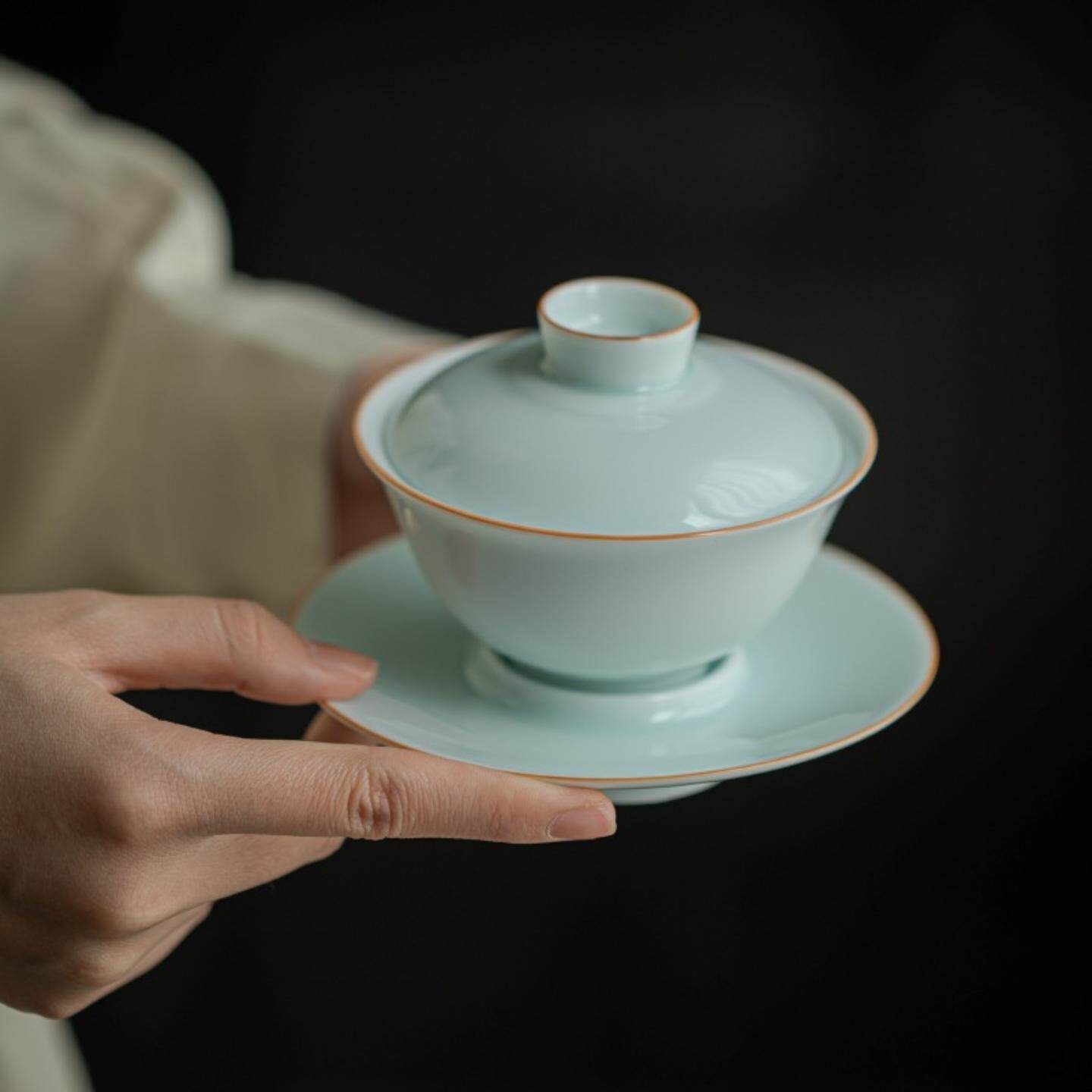 粉青釉陶瓷三才盖碗茶杯大号单个