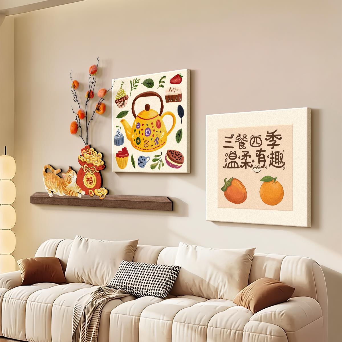 奶风厅寓装饰画客原木风猫咪沙发背景墙挂画HYJ5020-高级感油意好