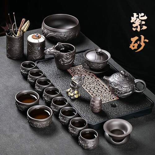 祥龙浮雕紫砂功夫茶具套装高档