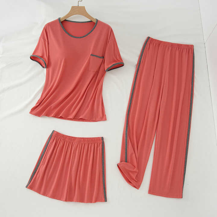 妈妈莫代尔女睡衣夏秋短袖长裤三睡衣/家居服套装