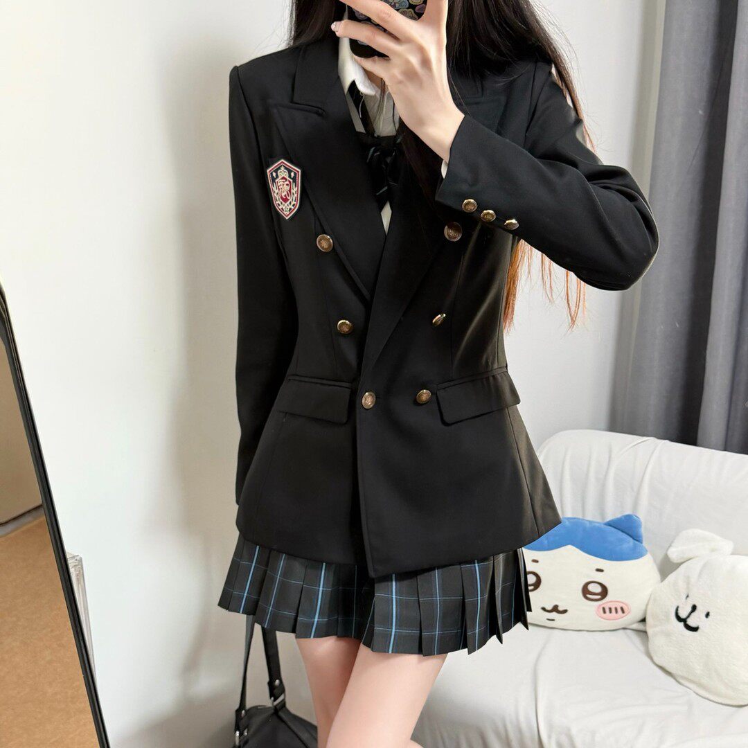 山茶与书原创jk制服学院风显瘦收腰西装外套双排扣修身西服套装女