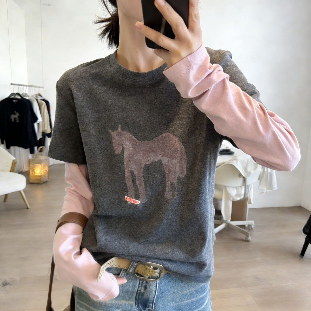 大墩家原版粉色小马图案假两件长袖T恤女2026春秋新圆领打底衫ins