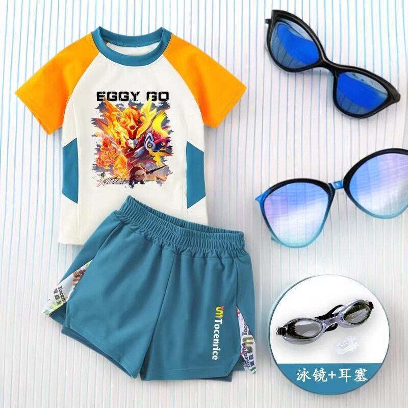 蛋仔天火麒麟儿童泳衣男童分体短袖游泳衣中小童游泳训练防晒套装