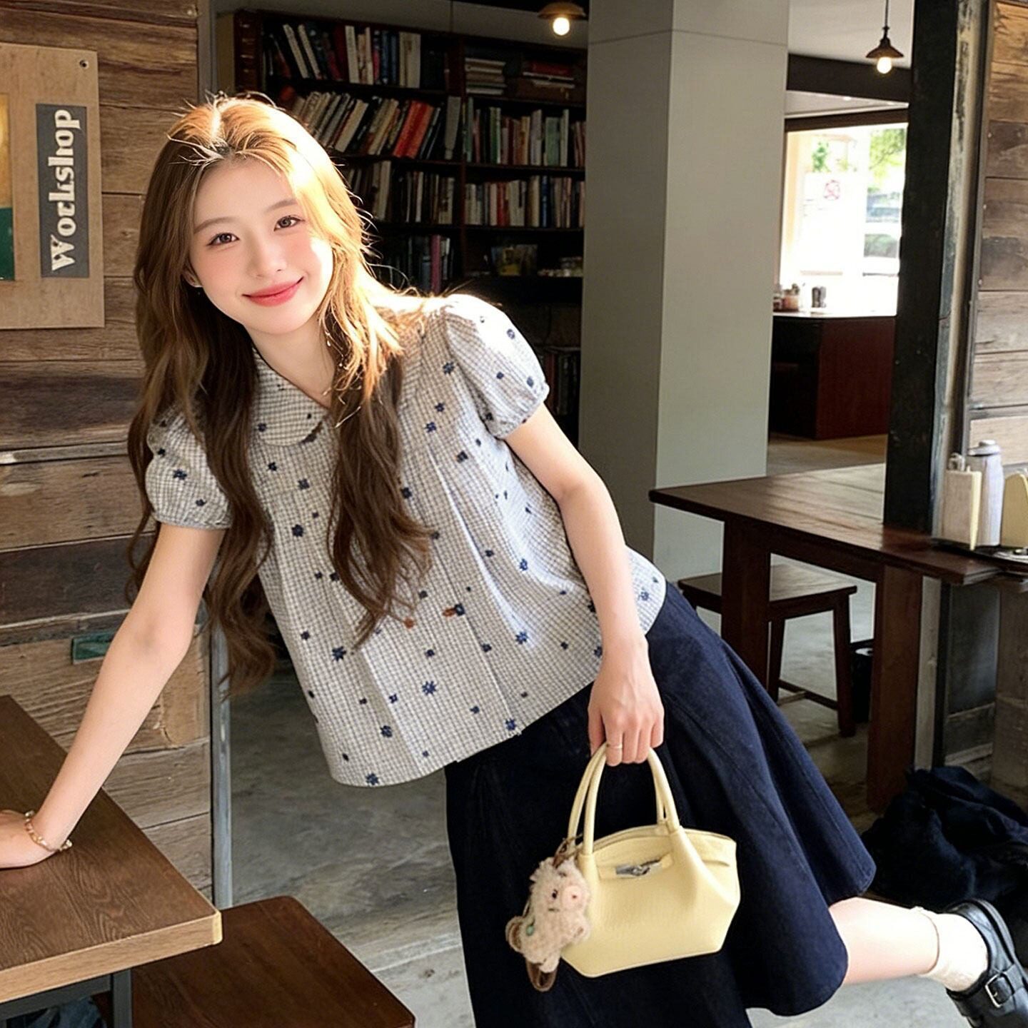 甜美双排扣短袖绣花衬衫百搭显瘦