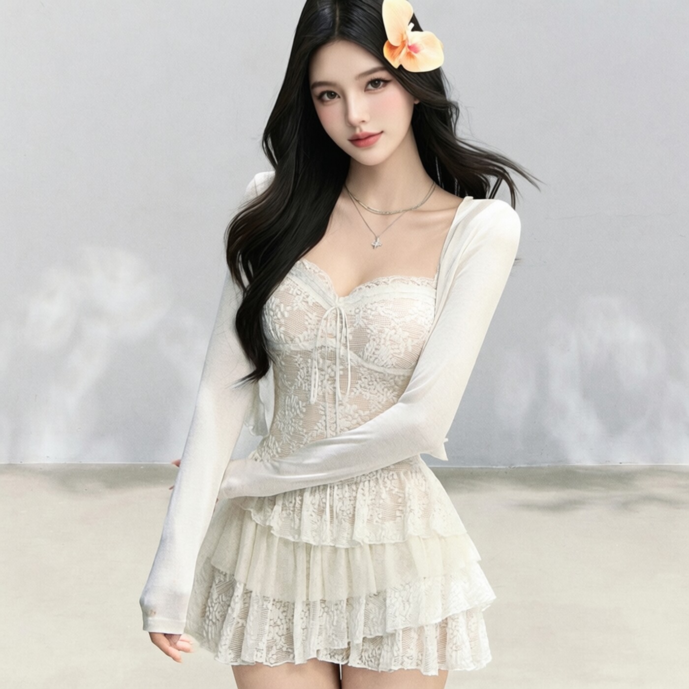 甜美风少女蕾丝吊带连衣裙短裙套装女夏新款收腰显瘦蛋糕裙两件套