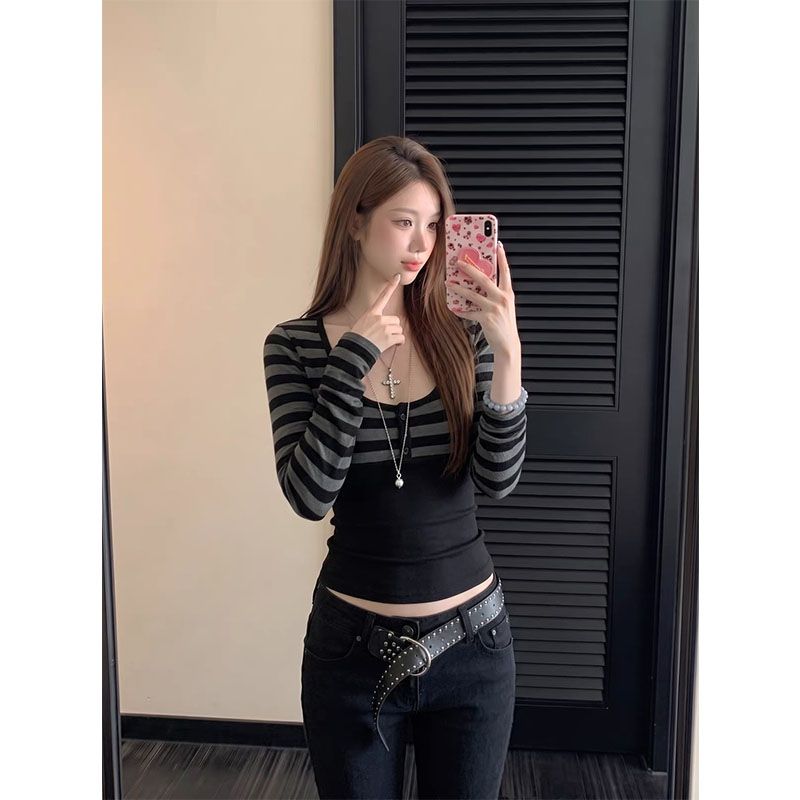 长袖休闲风条纹女修身显瘦内搭