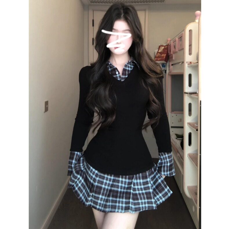 学院风A字裙拼接修身显瘦性感