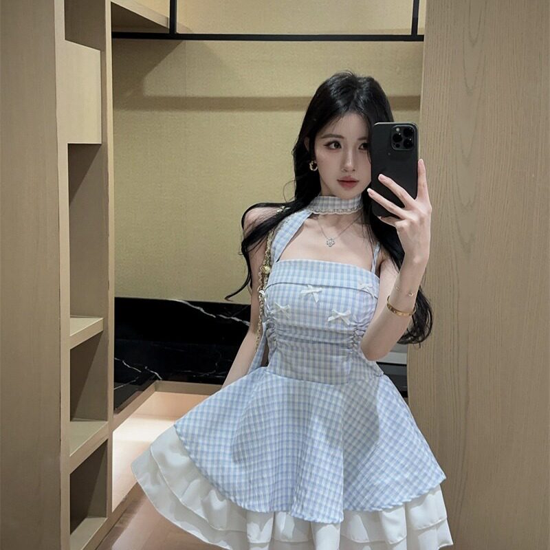 甜美蓬蓬裙格纹蝴蝶结收腰显瘦