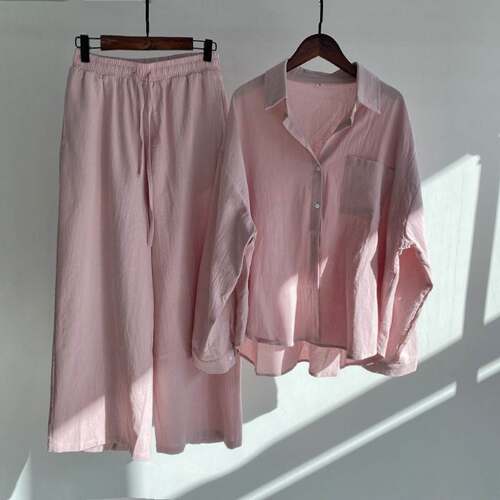 Women's fashion cotton linen shirt suit high waist slack