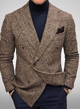 Plaid jacket men直筒外套休闲绿色青年单排扣西装领棉涤多口袋灰