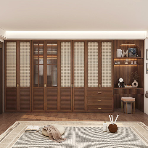 定制实木中古风衣柜家用卧室带梳妆台一体宋代美学大衣橱收纳柜子