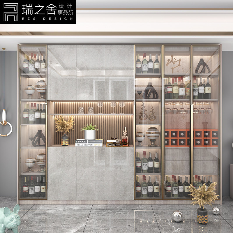 现代简约酒柜客厅靠墙家用实木餐边柜一体高柜轻奢高档玻璃展示柜_虎窝淘