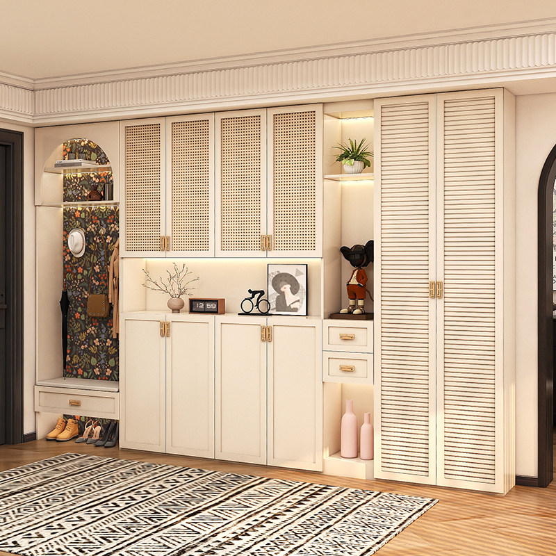 法式复古高端入户藤编鞋柜玄关柜一体实木加高到顶挂衣储物收纳柜,住宅家具,鞋柜,淘宝优惠券,粉丝福利购,淘宝优惠卷