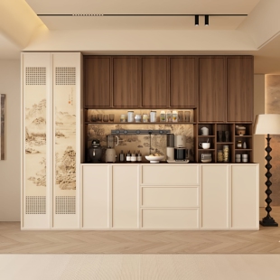 实木中古奶油风餐边柜靠墙一体储物柜客厅新款宋氏美学茶水柜定制