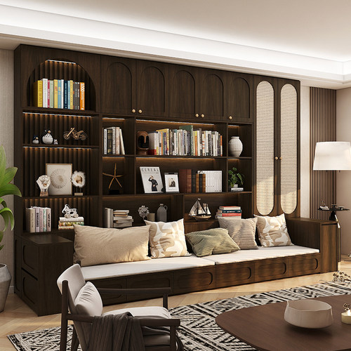 沙发书柜一体整墙家用去客厅化卡座柜子实木藤编背景储物柜欧松板