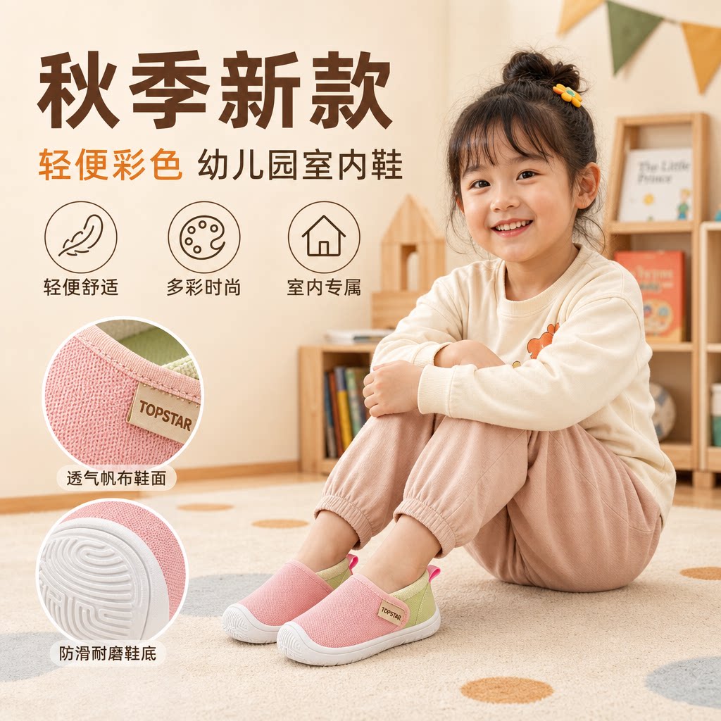 TOPSTAR秋季新款儿童帆布鞋轻便彩色儿童鞋子幼儿园室内鞋