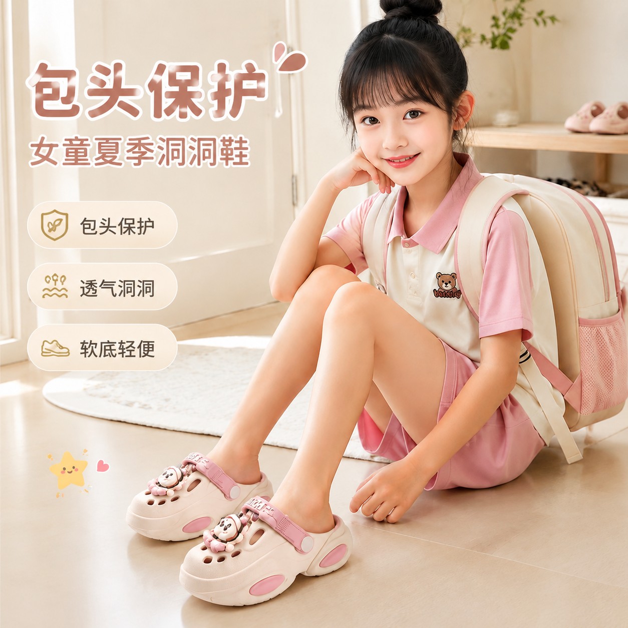 儿童包头洞洞鞋女童夏季外穿软底卡通居家凉拖休闲两用拖鞋日常穿