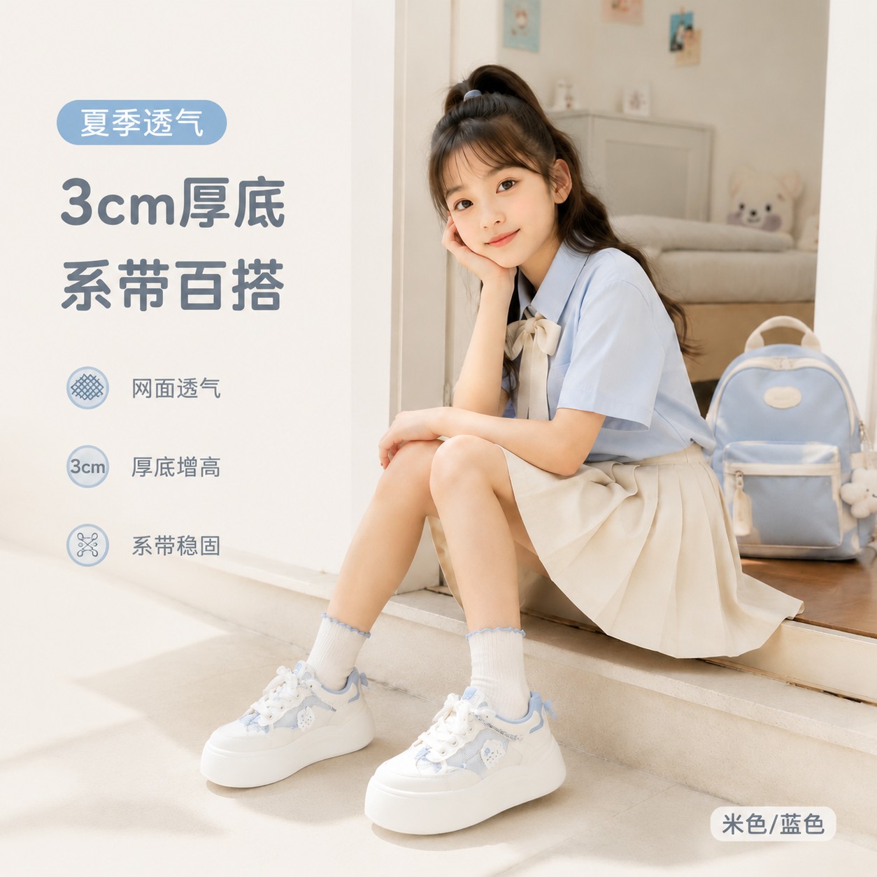 女童夏季厚底小白鞋合成革织物网面透气系带板鞋学生百搭休闲鞋蓝