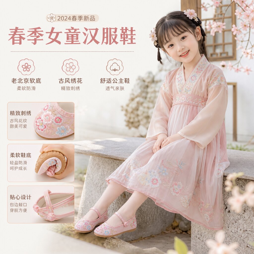 春季女童汉服鞋子儿童老北京软底布鞋古风鞋绣花鞋可爱宝宝公主鞋