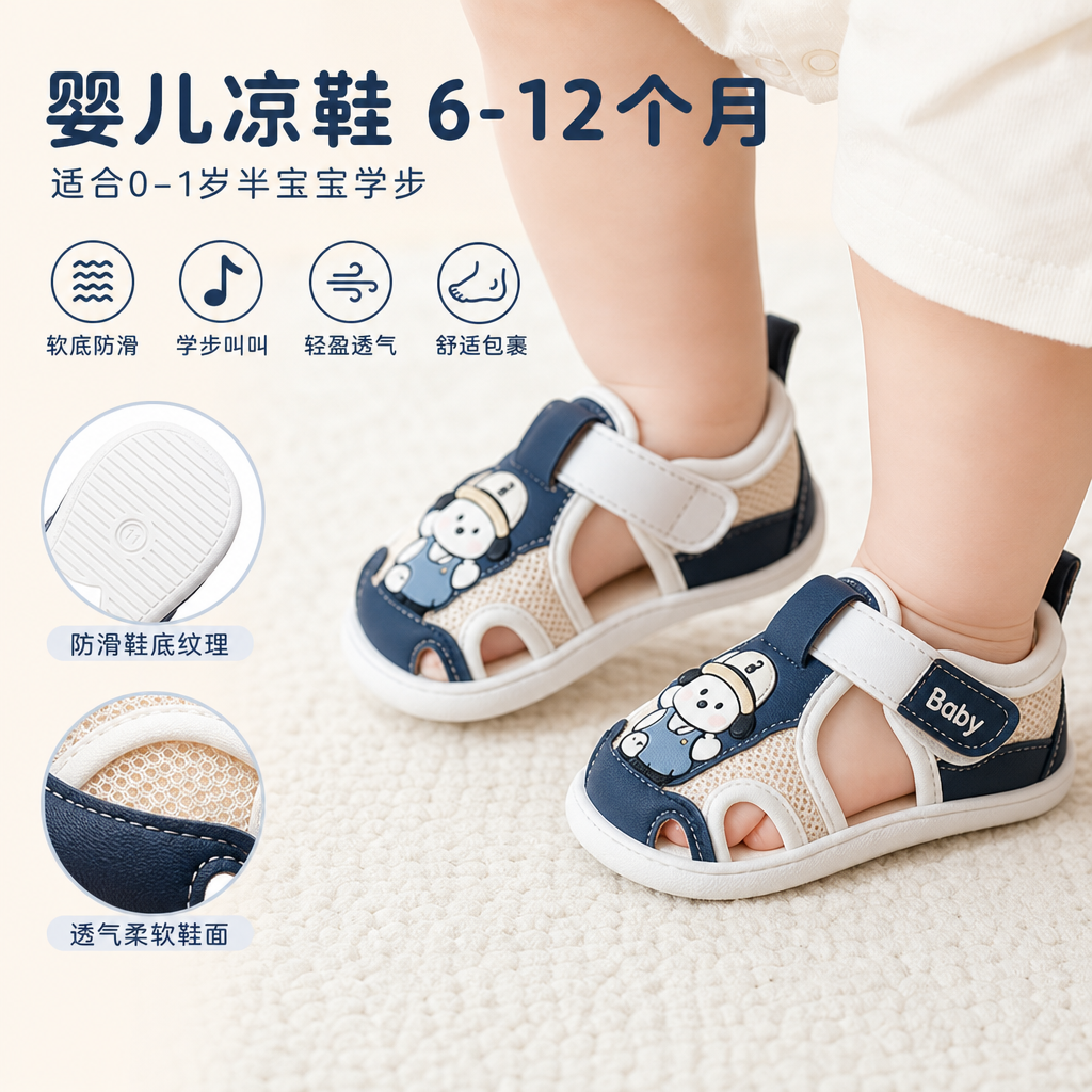 婴儿凉鞋6-12个月女宝宝学步叫叫鞋0一1岁半软底防滑男童沙滩凉鞋