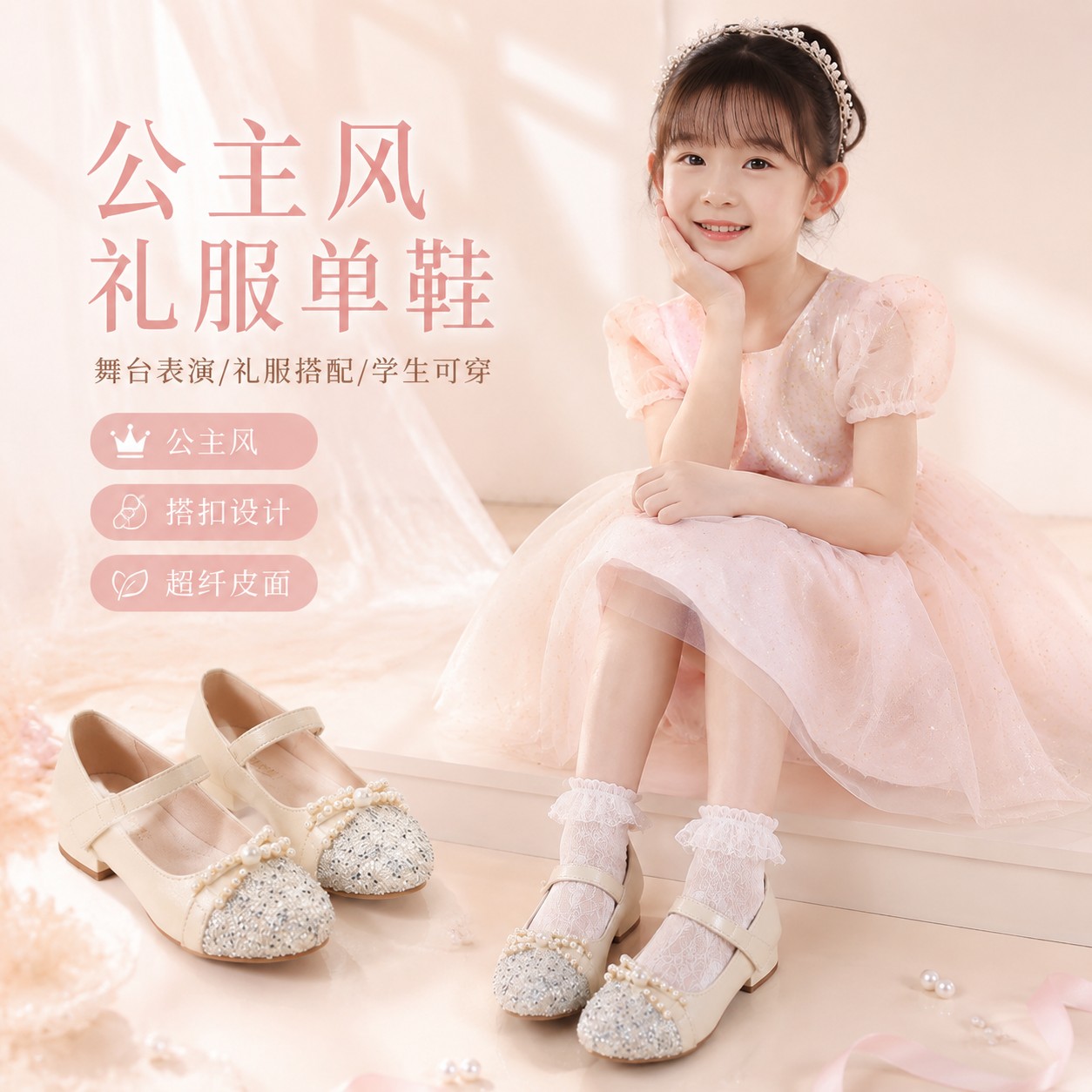 女童公主风搭扣舞台单鞋学生礼服鞋超纤皮软底米白粉色日常休闲