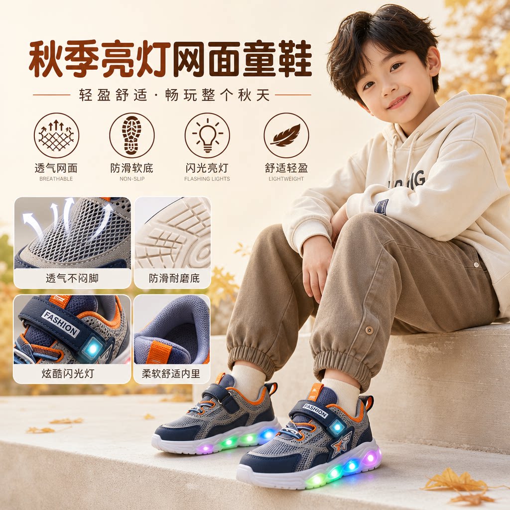 秋季童鞋带灯男童鞋女宝宝亮灯鞋儿童网鞋防滑软底闪光运动休闲鞋