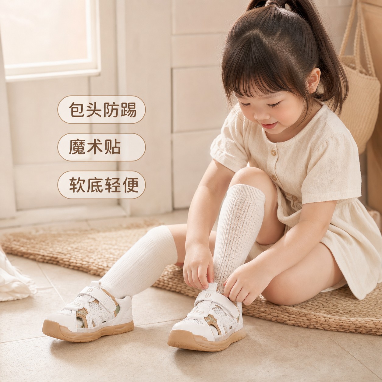 夏季宝宝包头学步凉鞋男女童魔术贴软底防踢休闲日常穿搭卡其棕色